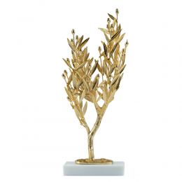 Decorative Olive Tree, Handmade of Brass with Golden Patina, Gold Olives on White Marble Base, 29cm (11.4'')