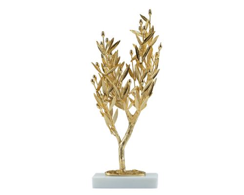 Decorative Olive Tree, Handmade of Brass with Golden Patina, Gold Olives on White Marble Base, 29cm (11.4'')