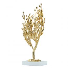 Decorative Olive Tree, Handmade of Brass with Golden Patina, Gold Olives on White Marble Base, 29cm (11.4'')