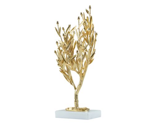 Decorative Olive Tree, Handmade of Brass with Golden Patina, Gold Olives on White Marble Base, 29cm (11.4'')