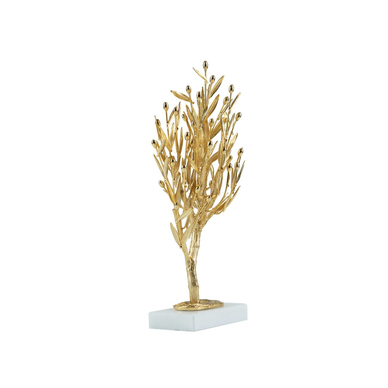 Decorative Olive Tree, Handmade of Brass with Golden Patina, Gold Olives on White Marble Base