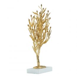 Decorative Olive Tree, Handmade of Brass with Golden Patina, Gold Olives on White Marble Base, 29cm (11.4'')