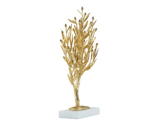 Decorative Olive Tree, Handmade of Brass with Golden Patina, Gold Olives on White Marble Base, 29cm (11.4'')