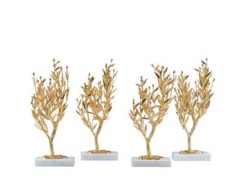 Decorative Olive Tree, Handmade of Brass with Golden Patina, Gold Olives on White Marble Base, 29cm (11.4'')