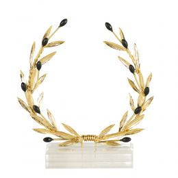 Decorative Olive Wreath, Handmade of Solid Brass with Golden Patina, Black Olives on Plexiglass Base, 17cm (6.7'')