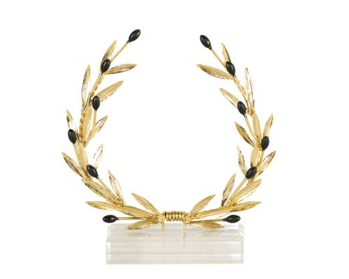 Decorative Olive Wreath, Handmade of Solid Brass with Golden Patina, Black Olives on Plexiglass Base, 17cm (6.7'')