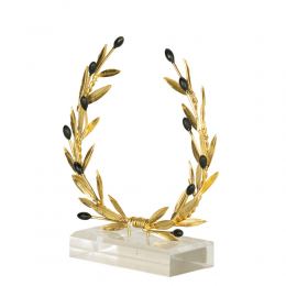 Decorative Olive Wreath, Handmade of Solid Brass with Golden Patina, Black Olives on Plexiglass Base, 17cm (6.7'')