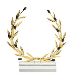 Decorative Olive Wreath, Handmade of Solid Brass with Golden Patina, Black Olives on Plexiglass Base, 17cm (6.7'')