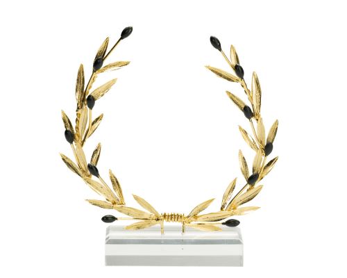 Decorative Olive Wreath, Handmade of Solid Brass with Golden Patina, Black Olives on Plexiglass Base, 17cm (6.7'')