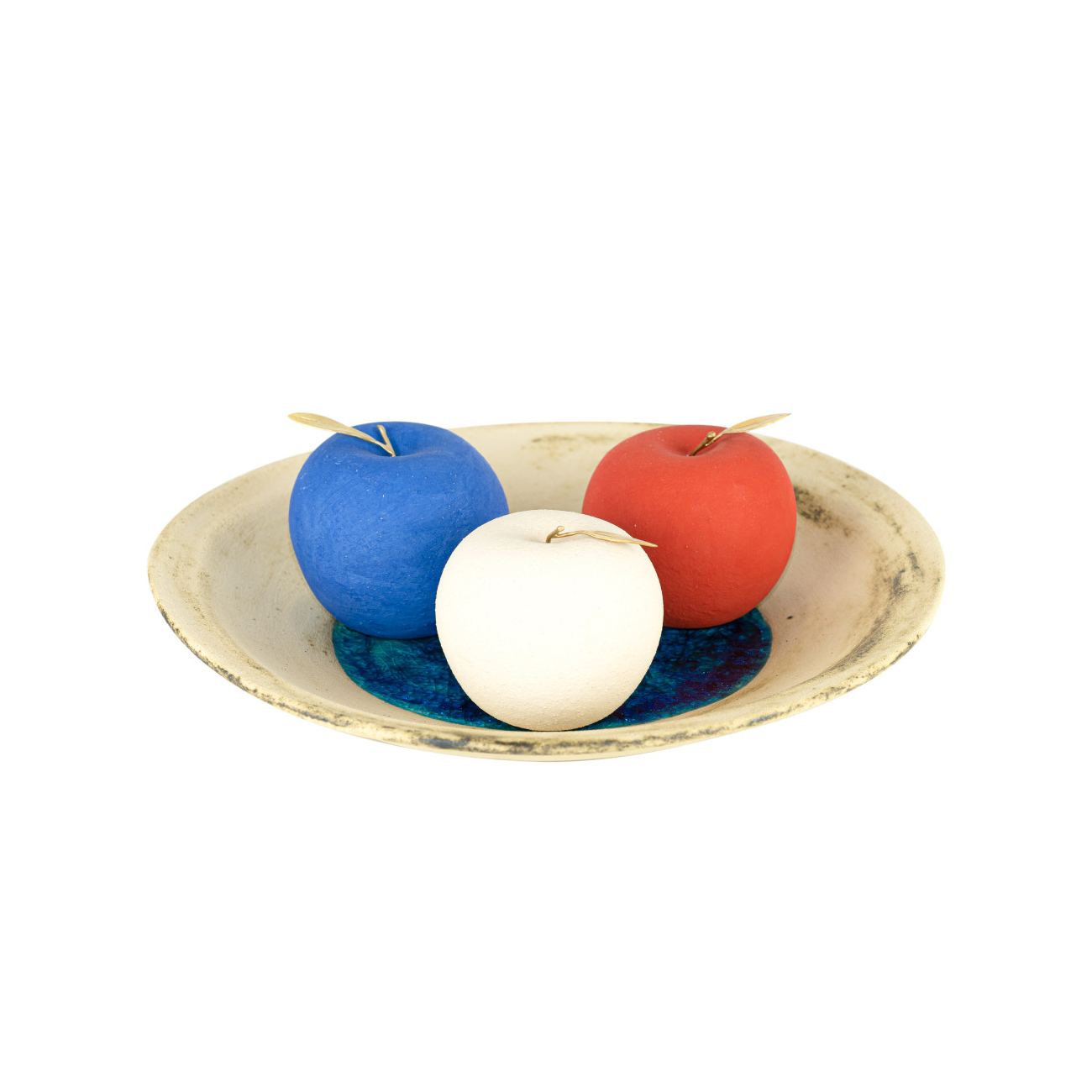 Details about   Set of 3 Handmade Ceramic & Brass Decorative Apples White & Blue Red 