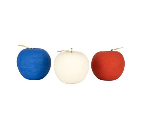 Set of 3 Handmade Ceramic & Brass Decorative Apples, Red, White & Blue