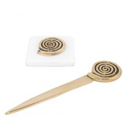 Desk Accessories Set of 2 - "Spiral" Design. Handmade of Solid Metal & White Marble, Letter Opener & Paperweight