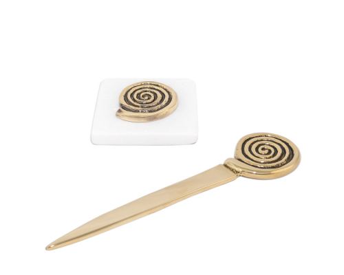 Desk Accessories Set of 2 - "Spiral" Design. Handmade of Solid Metal & White Marble, Letter Opener & Paperweight