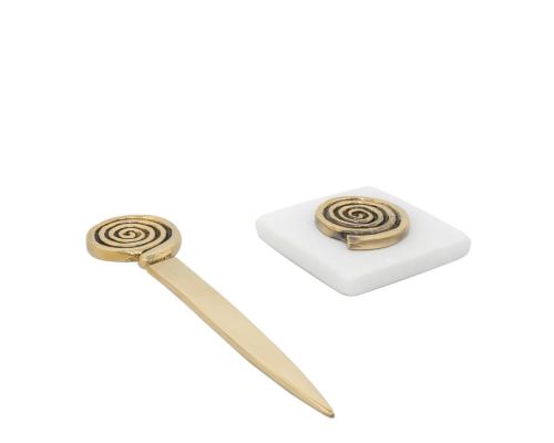 Desk Accessories Set of 2 - "Spiral" Design. Handmade of Solid Metal & White Marble, Letter Opener & Paperweight