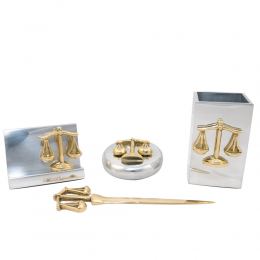 Desk Accessories Set of 4 - "Scale or Balance of Themis" Design, Symbol of Justice. Solid Metal, Letter Opener, Paperweight, Business Card Holder, Pen Cup Holder