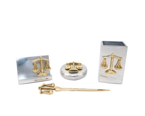 Desk Accessories Set of 4 - "Scale or Balance of Themis" Design, Symbol of Justice. Solid Metal, Letter Opener, Paperweight, Business Card Holder, Pen Cup Holder