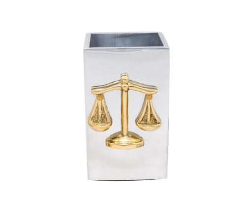 Desk Accessories Set of 4 - "Scale or Balance of Themis" Design, Symbol of Justice. Solid Metal, Letter Opener, Paperweight, Business Card Holder, Pen Cup Holder