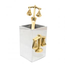 Desk Accessories Set of 4 - "Scale or Balance of Themis" Design, Symbol of Justice. Solid Metal, Letter Opener, Paperweight, Business Card Holder, Pen Cup Holder