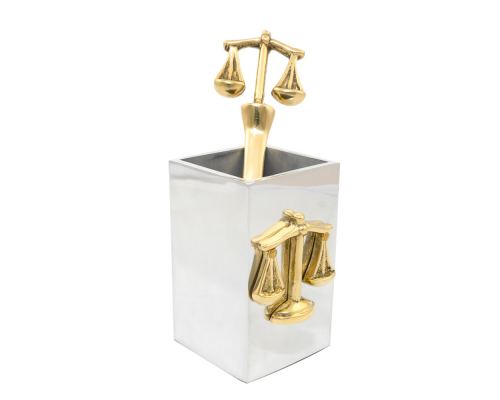 Desk Accessories Set of 4 - "Scale or Balance of Themis" Design, Symbol of Justice. Solid Metal, Letter Opener, Paperweight, Business Card Holder, Pen Cup Holder