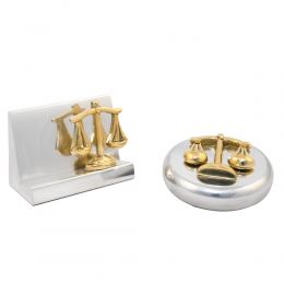 Desk Accessories Set of 2 - "Scale or Balance of Themis" Design, Symbol of Justice. Handmade of Solid Metal, Paperweight & Business Card Holder