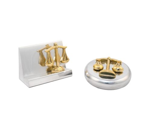 Desk Accessories Set of 2 - "Scale or Balance of Themis" Design, Symbol of Justice. Handmade of Solid Metal, Paperweight & Business Card Holder