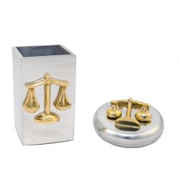Desk Accessories Set of 2 - "Scale or Balance of Themis" Design, Symbol of Justice. Handmade of Solid Metal, Paperweight & Pen Cup Holder