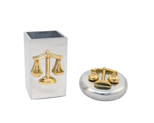 Desk Accessories Set of 2 - "Scale or Balance of Themis" Design, Symbol of Justice. Handmade of Solid Metal, Paperweight & Pen Cup Holder