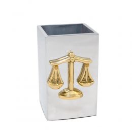 Desk Accessories Set of 2 - "Scale or Balance of Themis" Design, Symbol of Justice. Handmade of Solid Metal, Paperweight & Pen Cup Holder