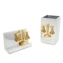 Desk Accessories Set of 2 - "Scale or Balance of Themis" Design, Symbol of Justice. Handmade of Solid Metal, Business Card Holder & Pen Cup Holder