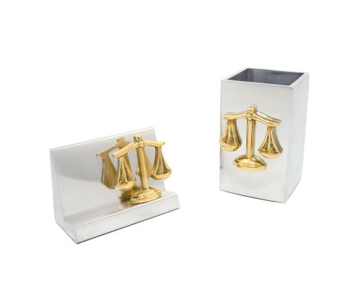 Desk Accessories Set of 2 - "Scale or Balance of Themis" Design, Symbol of Justice. Handmade of Solid Metal, Business Card Holder & Pen Cup Holder