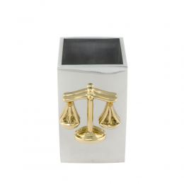 Desk Accessories Set of 2 - "Scale or Balance of Themis" Design, Symbol of Justice. Handmade of Solid Metal, Business Card Holder & Pen Cup Holder