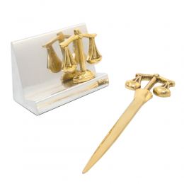 Desk Accessories Set of 2 - "Scale or Balance of Themis" Design, Symbol of Justice. Handmade of Solid Metal, Letter Opener & Business Card Holder