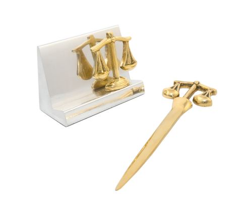 Desk Accessories Set of 2 - "Scale or Balance of Themis" Design, Symbol of Justice. Handmade of Solid Metal, Letter Opener & Business Card Holder