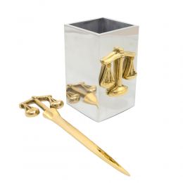 Desk Accessories Set of 2 - "Scale or Balance of Themis" Design, Symbol of Justice. Handmade of Solid Metal, Letter Opener & Pen Cup Holder