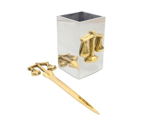 Desk Accessories Set of 2 - "Scale or Balance of Themis" Design, Symbol of Justice. Handmade of Solid Metal, Letter Opener & Pen Cup Holder