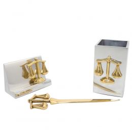 Desk Accessories Set of 3 - "Scale or Balance of Themis" Design, Symbol of Justice. Solid Metal, Letter Opener, Business Card Holder, Pen Cup Holder