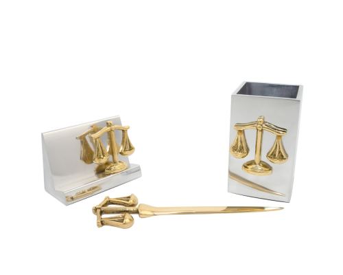 Desk Accessories Set of 3 - "Scale or Balance of Themis" Design, Symbol of Justice. Solid Metal, Letter Opener, Business Card Holder, Pen Cup Holder