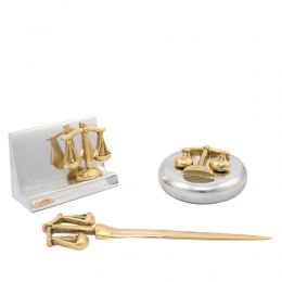 Desk Accessories Set of 3 - "Scale or Balance of Themis" Design, Symbol of Justice. Solid Metal, Letter Opener, Paperweight, Business Card Holder