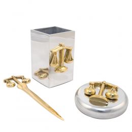 Desk Accessories Set of 3 - "Scale or Balance of Themis" Design, Symbol of Justice. Solid Metal, Letter Opener, Paperweight, Pen Cup Holder