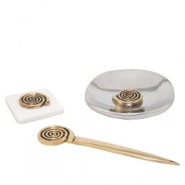 Desk Accessories Set of 3 - "Spiral" Design. Handmade of Solid Metal, Letter Opener, Paperweight, Decorative Metal Plate