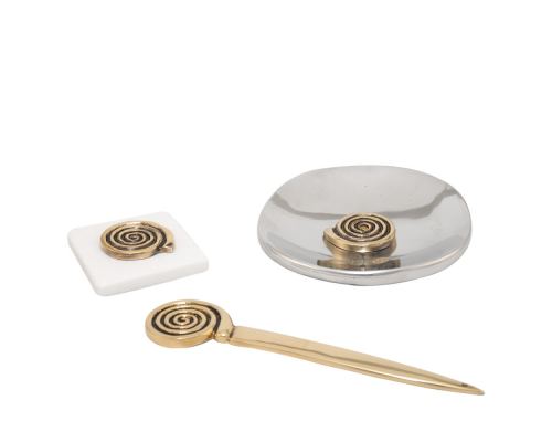 Desk Accessories Set of 3 - "Spiral" Design. Handmade of Solid Metal, Letter Opener, Paperweight, Decorative Metal Plate