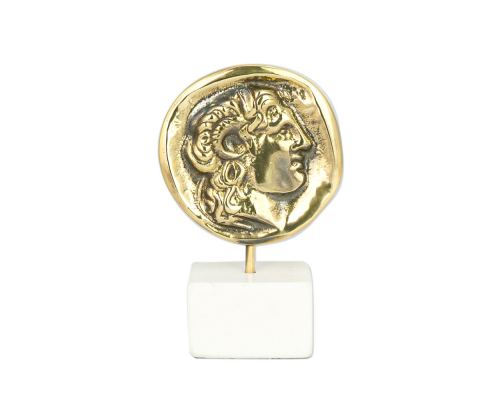 Alexander the Great, Table Sculpture - Solid Brass on White Marble - Handmade Decor Creation - 11.5cm (4.53")