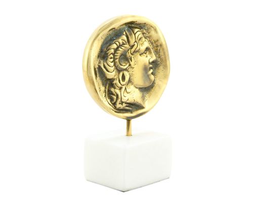 Alexander the Great, Table Sculpture - Solid Brass on White Marble - Handmade Decor Creation - 11.5cm (4.53")