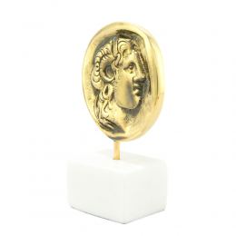 Alexander the Great, Table Sculpture - Solid Brass on White Marble - Handmade Decor Creation - 11.5cm (4.53")