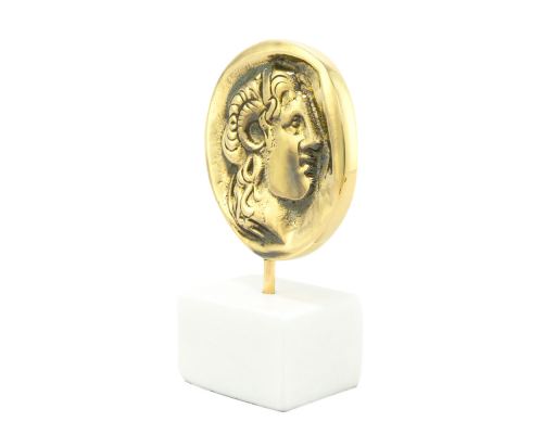 Alexander the Great, Table Sculpture - Solid Brass on White Marble - Handmade Decor Creation - 11.5cm (4.53")