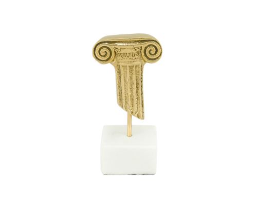 Ancient Gold Column - Pillar, Table Sculpture - Solid Brass on White Marble - Handmade Decor Creation - 12cm (4.7")