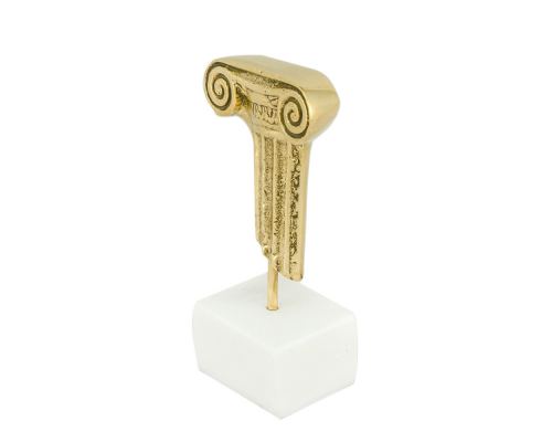 Ancient Gold Column - Pillar, Table Sculpture - Solid Brass on White Marble - Handmade Decor Creation - 12cm (4.7")