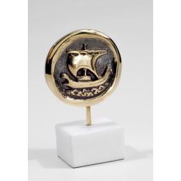 Ancient Greek Trireme Warship, Table Sculpture - Solid Brass on White Marble - Handmade Decor Creation - 11.5cm (4.53")