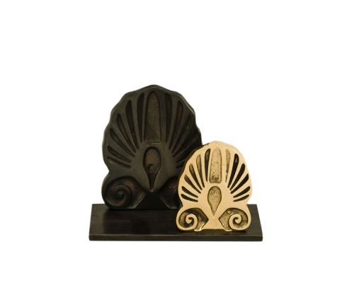 Business Card Holder - Handmade Solid Metal Desk Accessory - Dark Brown & Gold, Dual "Antefix" Design