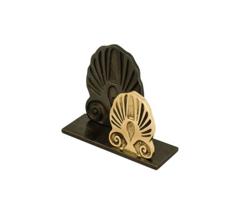 Business Card Holder - Handmade Solid Metal Desk Accessory - Dark Brown & Gold, Dual "Antefix" Design